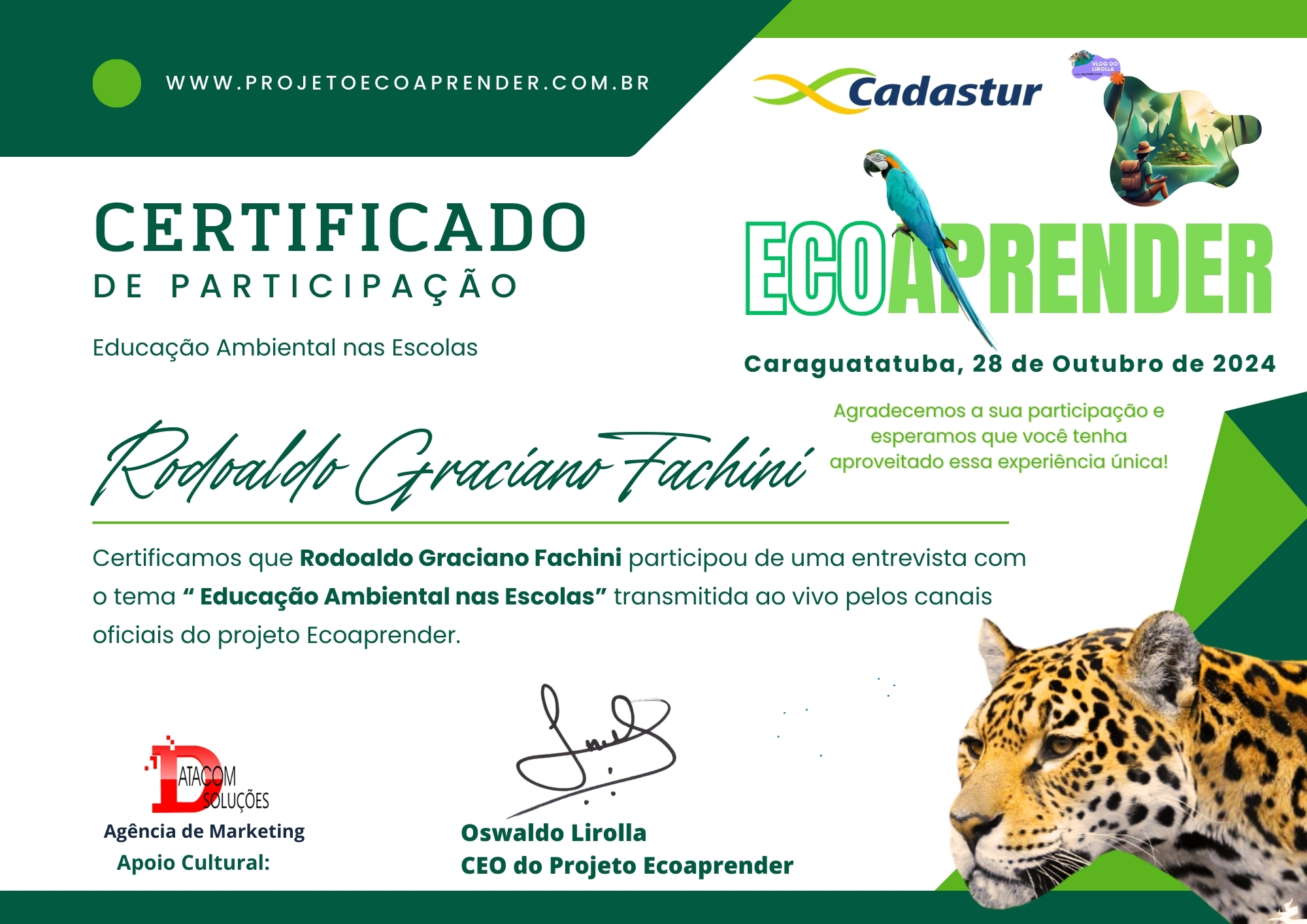 Certificado ecoaprender - Dadinho Fachini